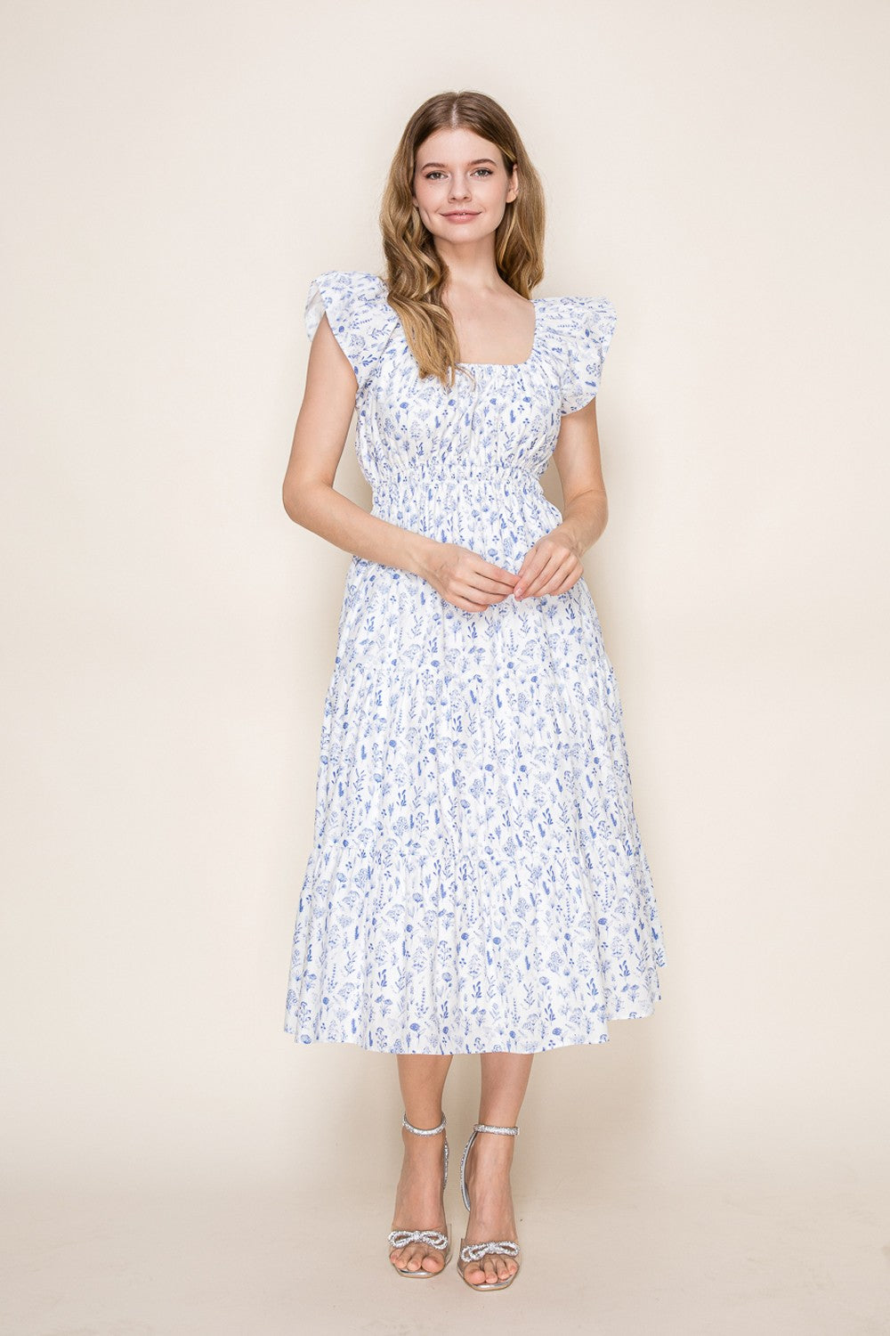 Blue Bouquet Midi Dress With Ruffle Sleeves and Pockets