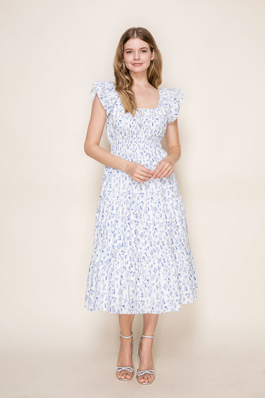 Blue Bouquet Midi Dress With Ruffle Sleeves and Pockets