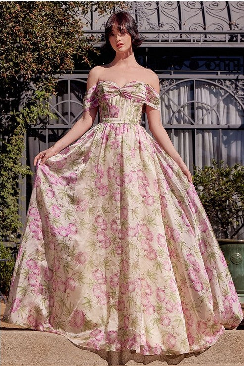 Off the Shoulder Floral A-Line Long Formal Dress with Pockets