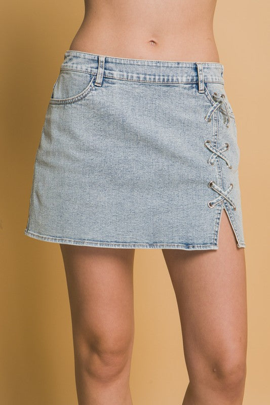 Denim Skirt with Front Lacing Detail