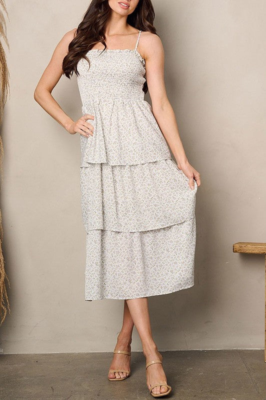 Adjustable Spaghetti Strap Floral Print Tiered Midi Dress