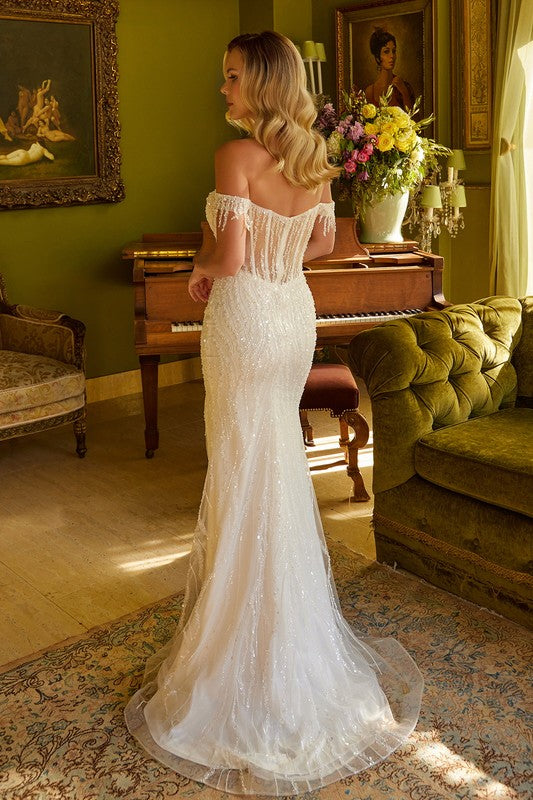 Off the Shoulder Sequins Long Fitted Formal Dress with Side Slit and Boned Illusion Bodice