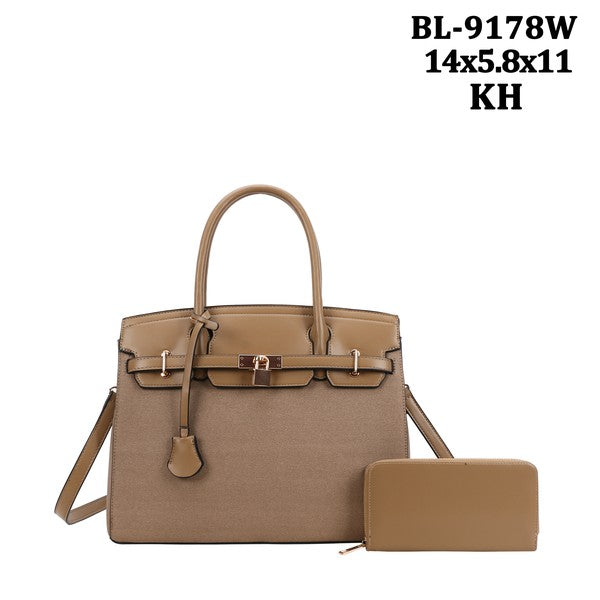 2 Piece Satchel Purse with Matching Wallet and Detachable Strap
