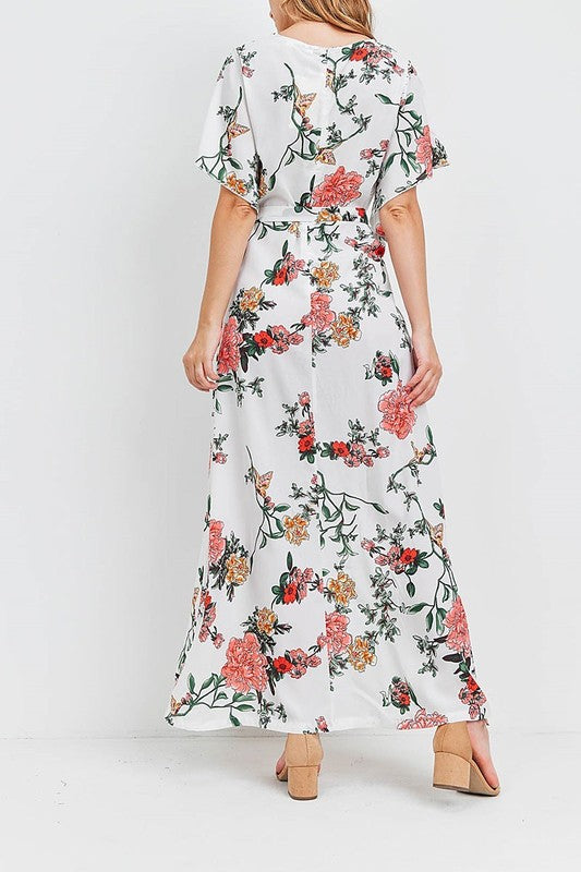 Short Flutter Sleeve Floral Print Maxi Dress
