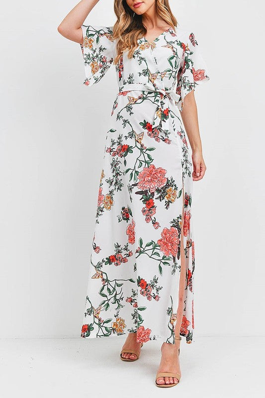 Short Flutter Sleeve Floral Print Maxi Dress