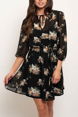 Quarter Sleeve Floral Tunic Mini Dress