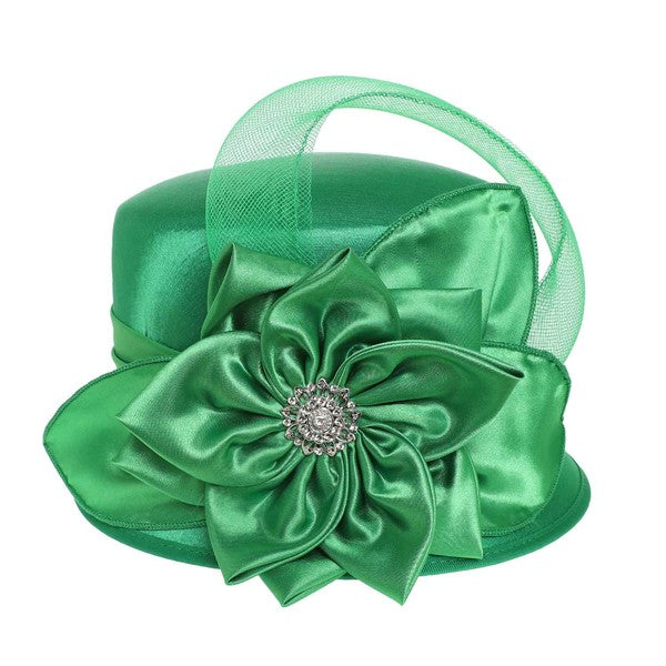 Rhinestone Embellished Flower Bow Satin Luxury Hat