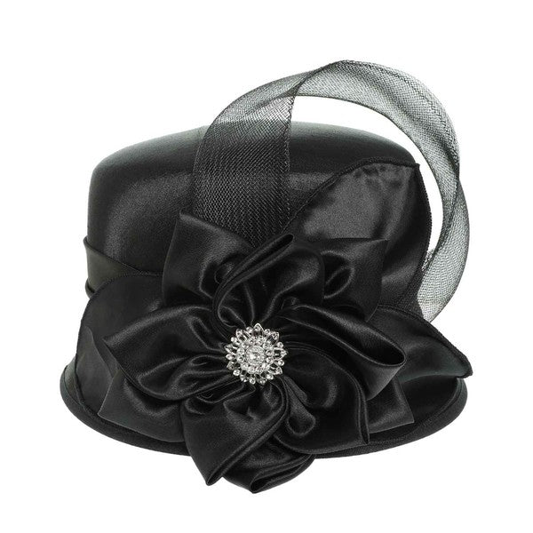 Rhinestone Embellished Flower Bow Satin Luxury Hat