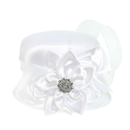 Rhinestone Embellished Flower Bow Satin Luxury Hat