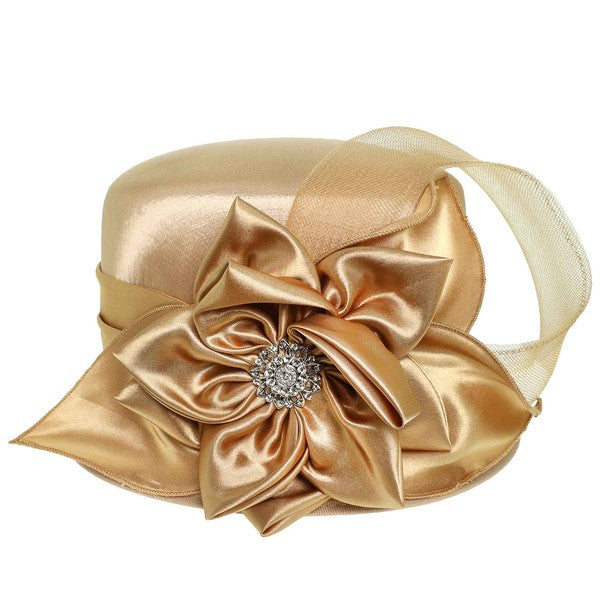 Rhinestone Embellished Flower Bow Satin Luxury Hat