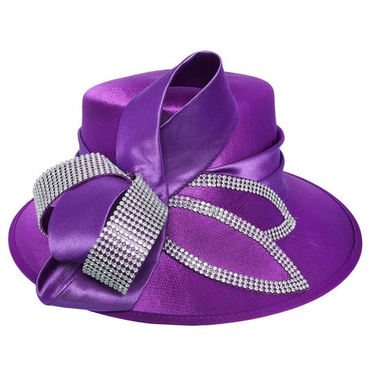 Rhinestone Embellished Looped Bow Satin Braid Luxury Hat