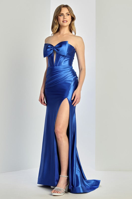 Strapless Satin Long Formal Dress with Bow Accent Bodice and Corset Close Back