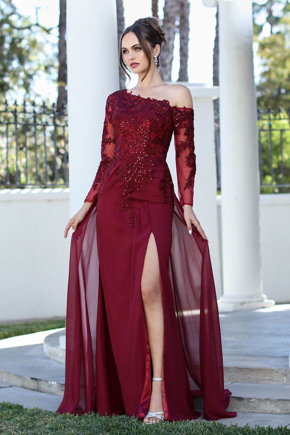 Long Sleeve Asymmetric Shoulder Embroidery Bodice Long Formal Dress with Over Skirt and Slit