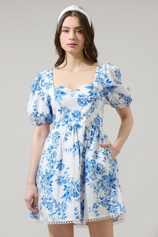 Short Puff Sleeve Juba Floral Mini Dress with Pockers