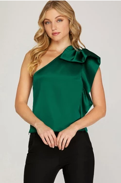 One Shoulder Satin Top with Ruffle Detail