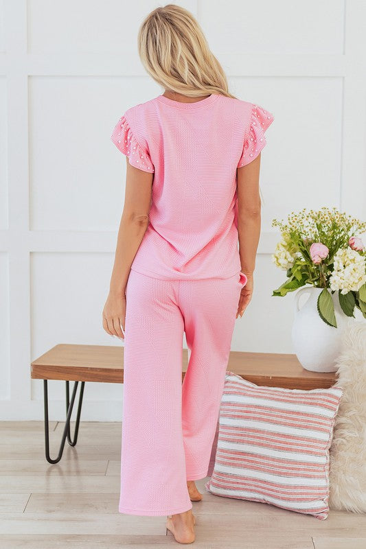 Textured Pearl Ruffle Sleeve Wide Leg 2 Piece Set