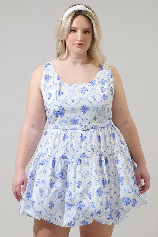 Curvy Nia Floral Sleeveless Bubble Hem Mini Dress with Matching Belt