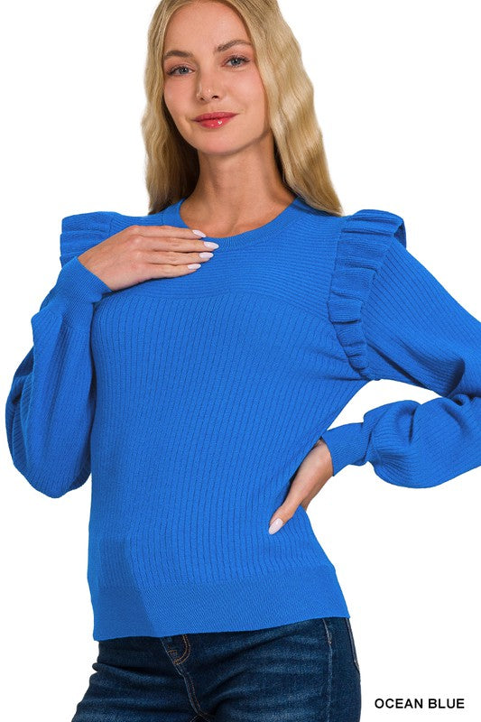 Long Sleeve Viscose Ruffle Trim Sweater