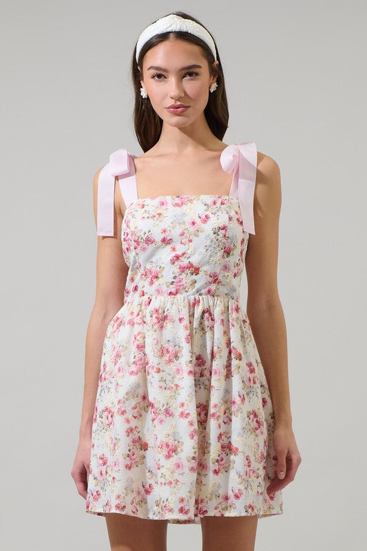 Tie Bow Strap Eyelet Fit and Flare Floral Mini Dress