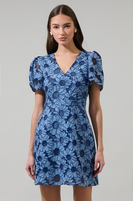 Short Puff Sleeve Floral Fit and Flare Mini Dress
