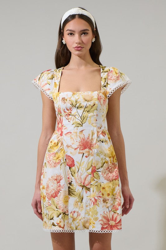 Short Cap Sleeve Square Neckline Fit and Flare Floral Mini Dress with Lace Trim