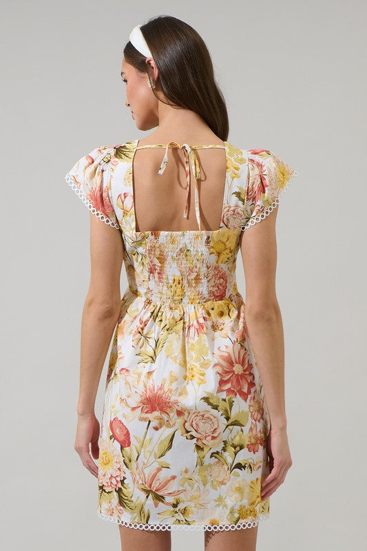 Short Cap Sleeve Square Neckline Fit and Flare Floral Mini Dress with Lace Trim
