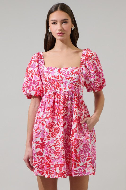Short Puff Sleeve Fit and Flare Floral Mini Dress with Pockets