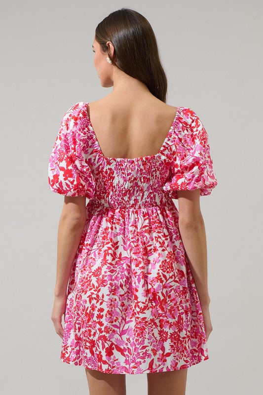 Short Puff Sleeve Fit and Flare Floral Mini Dress with Pockets