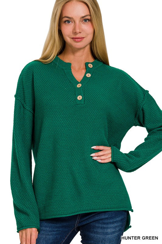 Long Sleeve 4 Button Henley Neckline Midweight Sweater