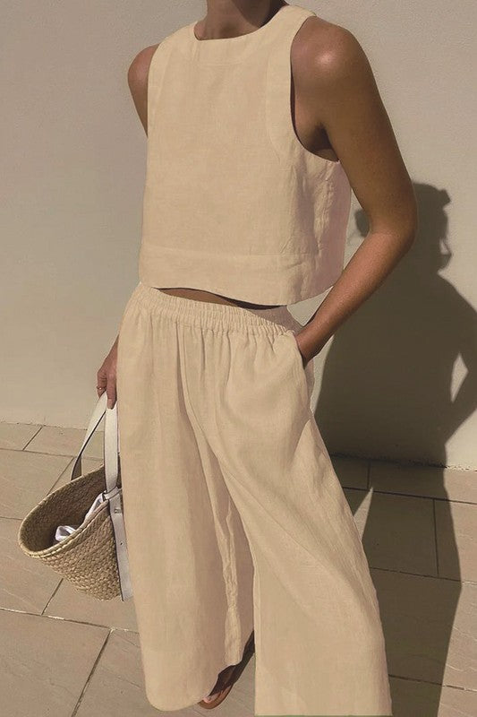 2 Piece Set with Sleeveless Crop Top and Wide Leg Pants