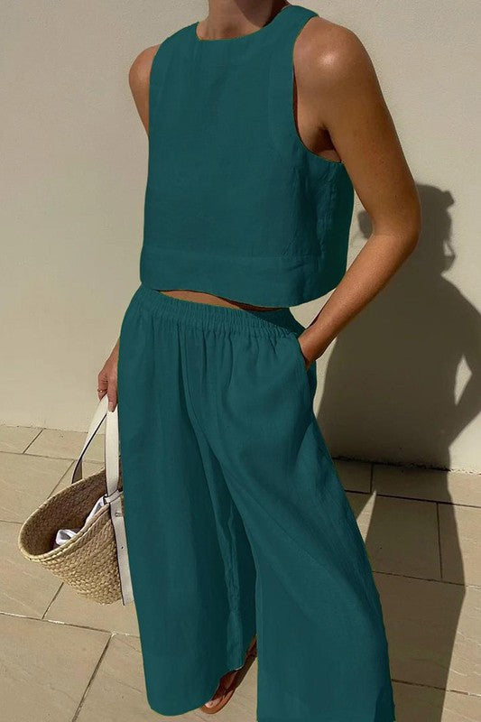 2 Piece Set with Sleeveless Crop Top and Wide Leg Pants