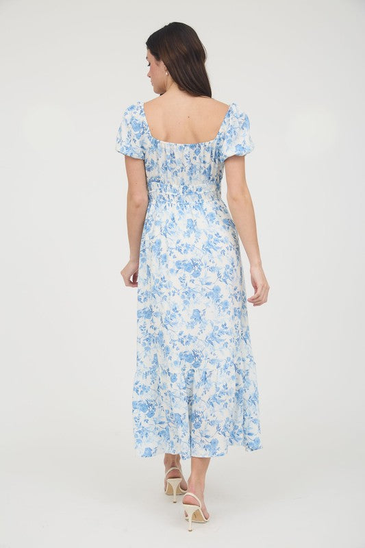 Floral Shirred Front Tie Balloon Sleeve Midi Dress
