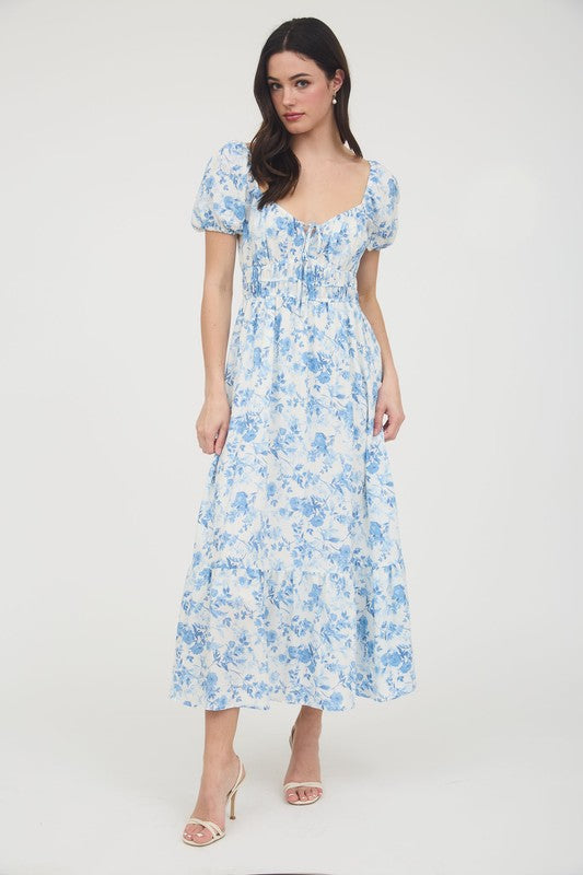 Floral Shirred Front Tie Balloon Sleeve Midi Dress