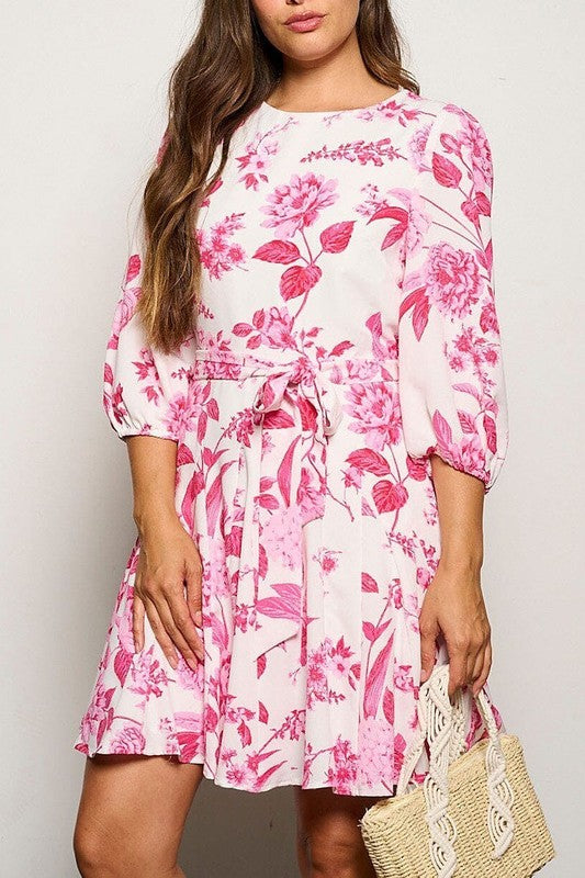 3/4 Sleeve Floral Fit and Flare Mini Dress with Tie Waist