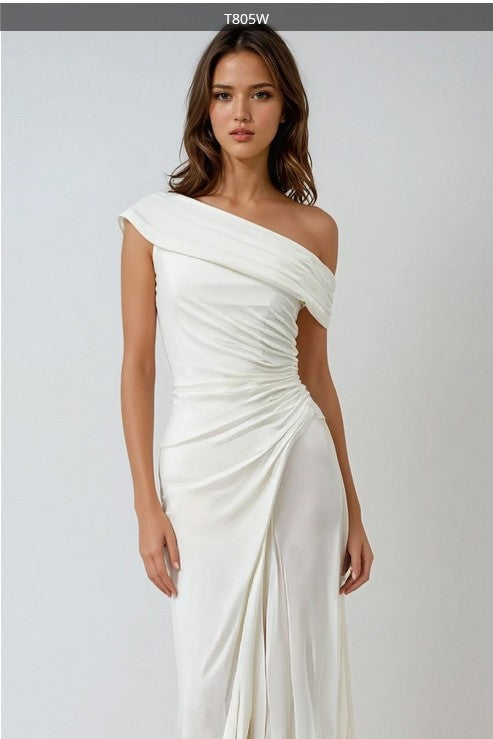 Asymmetrical Off Shoulder Long Fitted Formal Dress with Side Slit