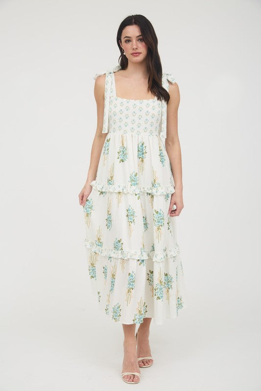 Floral Bouquet Print Tie Strap Empire Tiered Dress