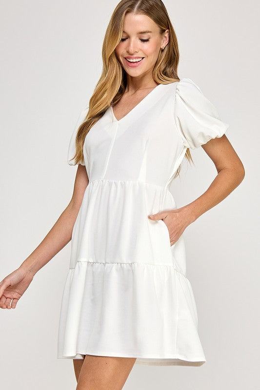 Short Puff Sleeve Solid V Nick Tiered Mini Dress