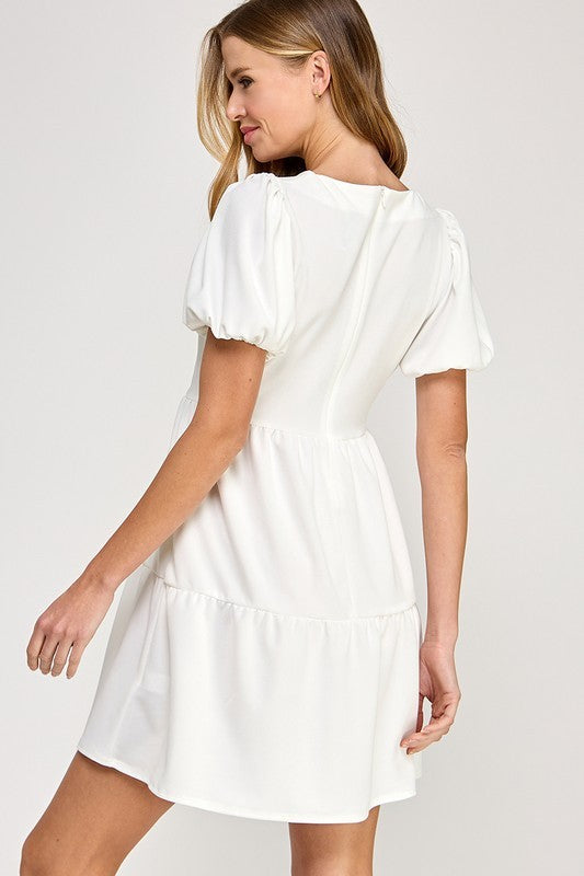 Short Puff Sleeve Solid V Nick Tiered Mini Dress