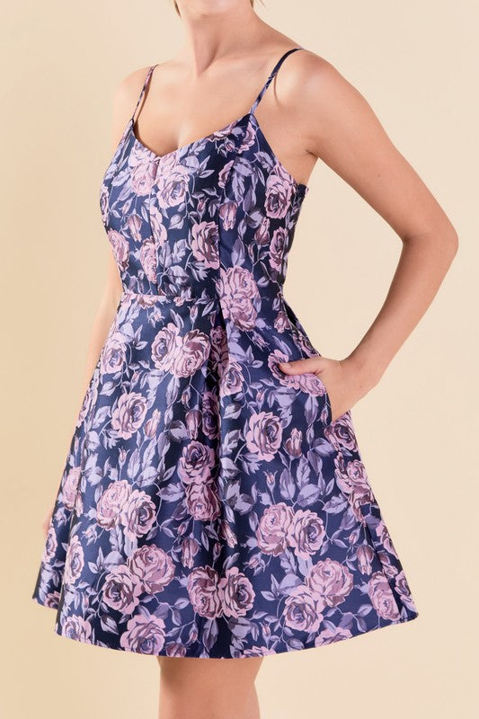 Spaghetti Strap Floral Jacquard Fit and Flare Mini Dress