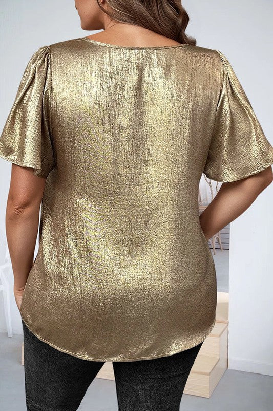 Curvy Short Sleeve Metallic V Neck Blouse