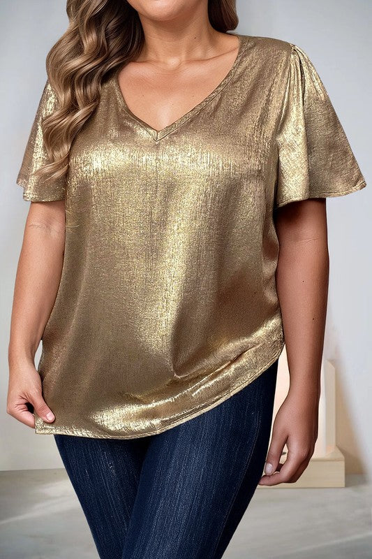 Curvy Short Sleeve Metallic V Neck Blouse
