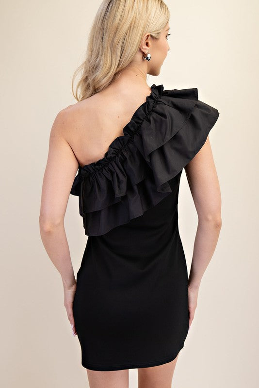 One Shoulder Ruffle Trim Fitted Mini Dress