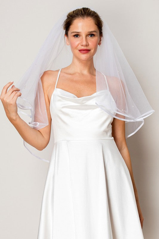 Scattered Pearl Two Layer Waist Length Ribbon Edge Bridal Veil
