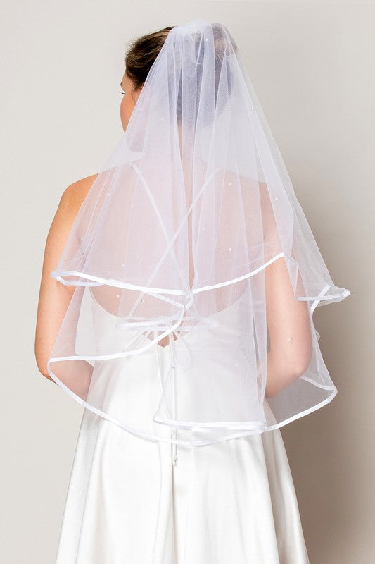 Scattered Pearl Two Layer Waist Length Ribbon Edge Bridal Veil