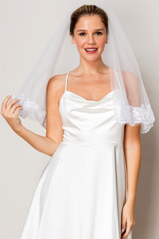 Two Layer Floral Embroidered Waist Length Bridal Veil