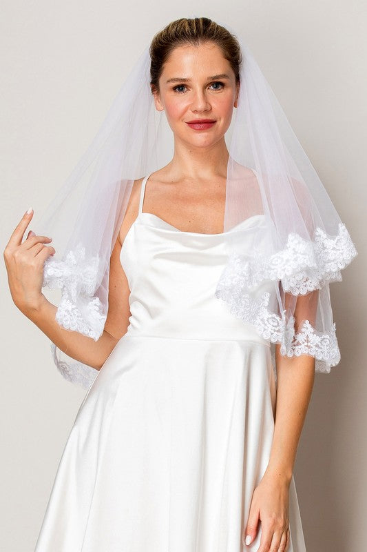 Floral Lace Edge Two Tier Waist Length Bridal Veil