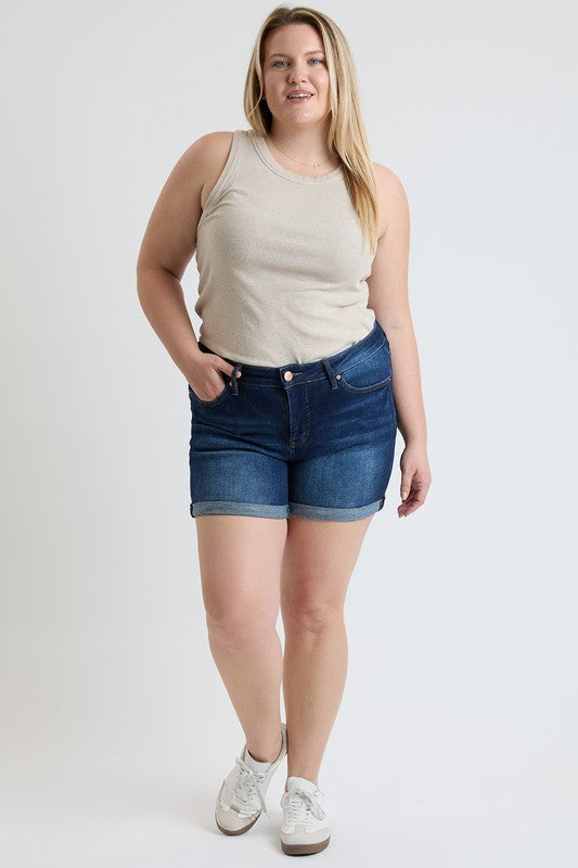 Curvy High Rise Premium Stretch Fold Cuff Denim Shorts