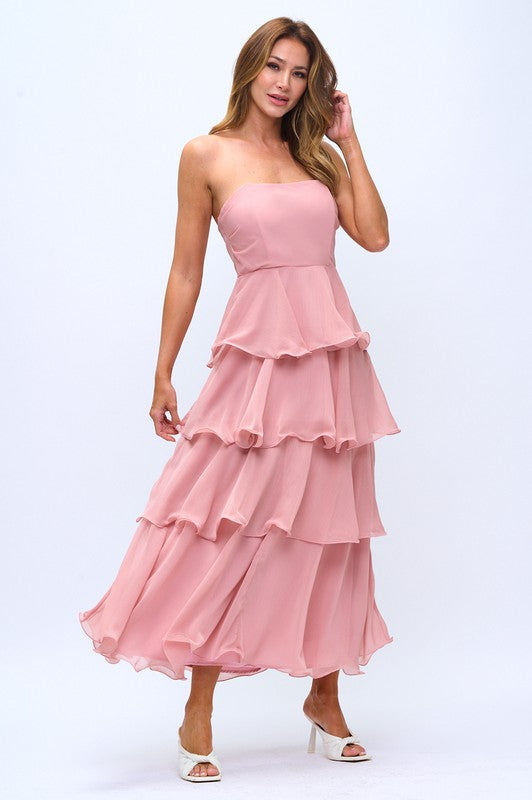Strapless Fit and Flare Chiffon Tiered Maxi Dress
