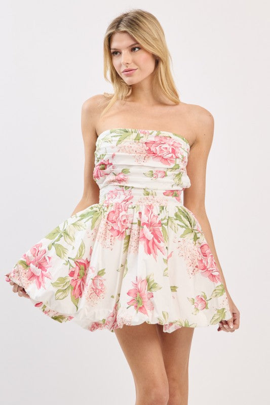 Strapless Floral Print Bubble Hem Mini Dress