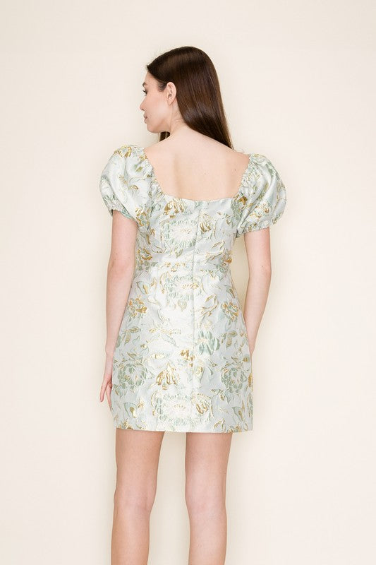 Puff Short Sleeve Jacquard Mini Dress